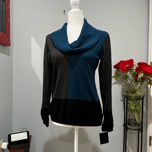 NEW Alfani Colorblock Cowl Neck Ruched Layering Tri-Tone Relaxed Sweater M NWT - Picture 10 of 14